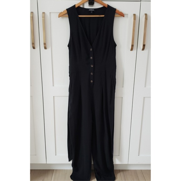 Express Jumpsuit Womens S Black Sleeveless Flare Leg Button Front Belted - Picture 2 of 9